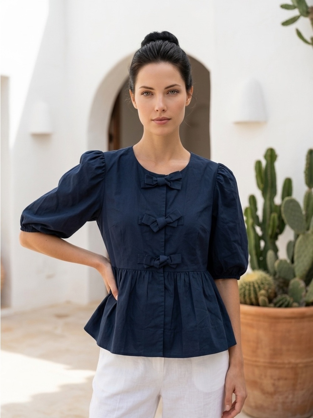 Velvet Heart Navy Bow-Front Peplum Jacket